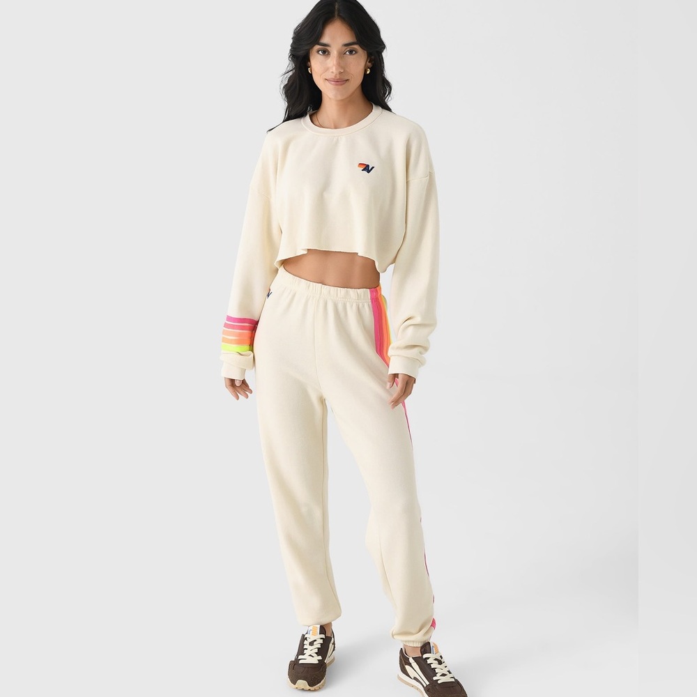 Aviator Nation Vintage White Set Neon 5 Stripe Rugby Sweatshirt and Sweatpants